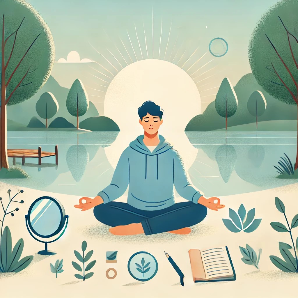DALL·E 2024-07-28 20.07.04 - A person sitting peacefully in a serene natural setting, such as a forest or by a lake, meditating. The scene is tranquil, with soft sunlight filterin.jpg